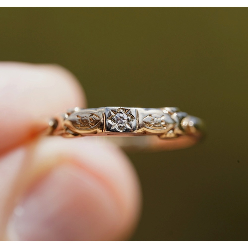 Antique Art Deco 14k Solid Yellow Gold Engraved Natural Diamond Ring Dated 1924